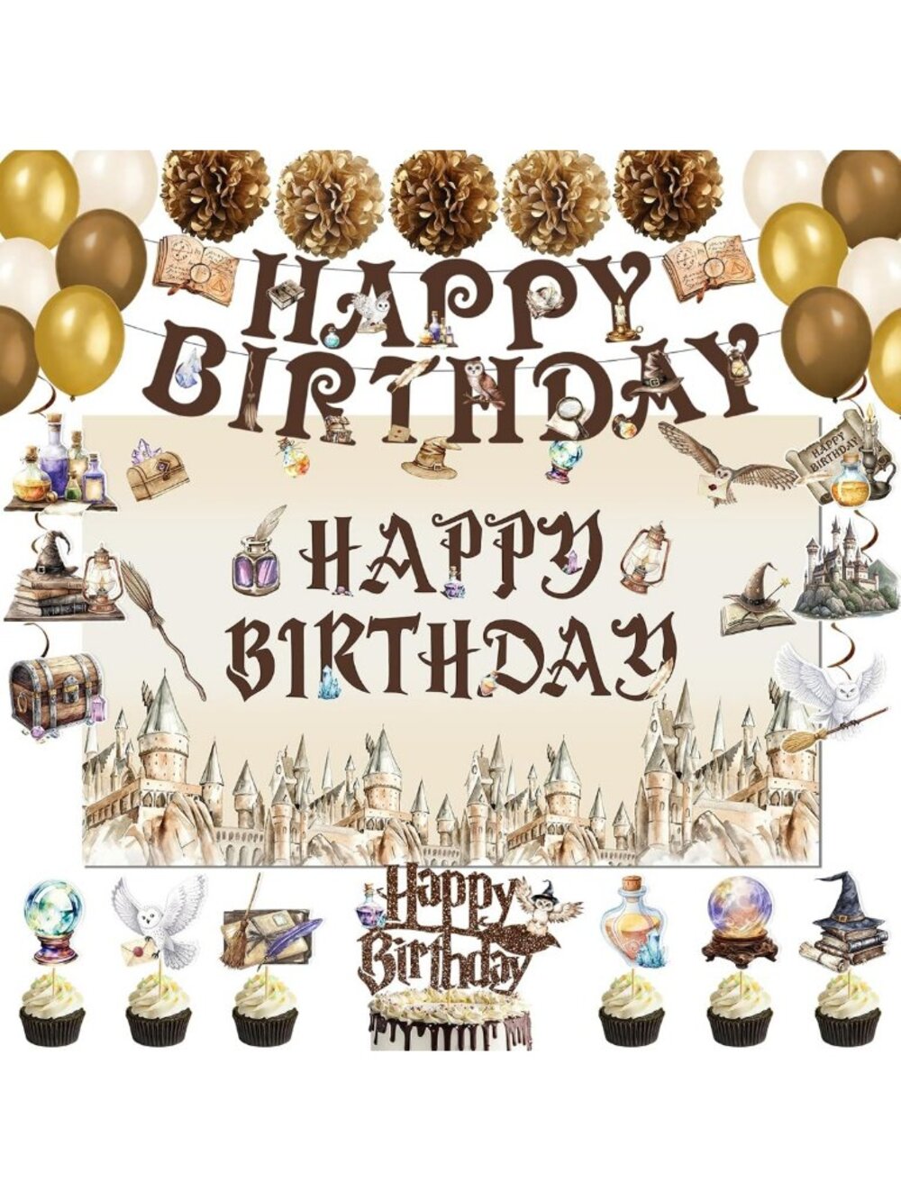 Enchanting Wizard Birthday Decorations - Happy Birthday Banner, Balloons & Cake